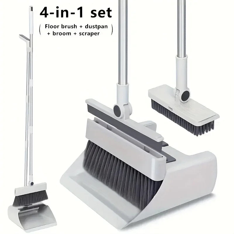 New 4 in 1 Broom Combo Set with Dustpan Squeegee Floor Brush Multi Purpose Cleaning Tool for Home and Commercial Use