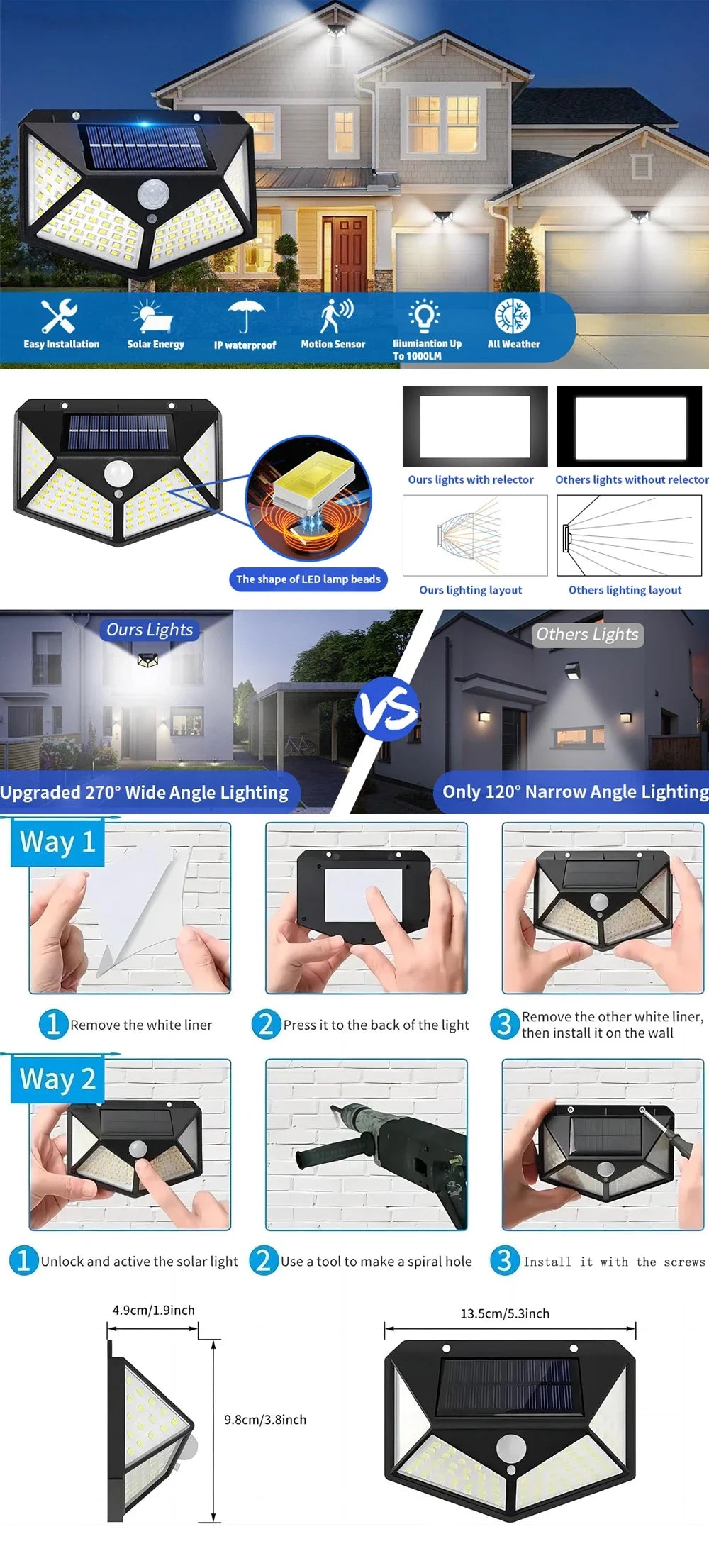 Solar Lights Outdoor, 100LED/3 Modes 270° Lighting Angle Motion Sensor Security IP65 Wall Lights for Backyard Garden Fence Patio
