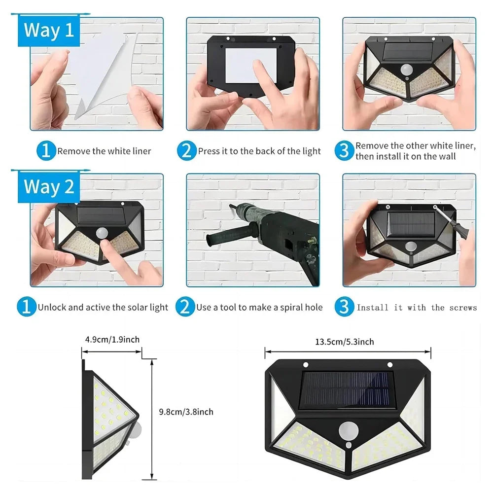 Solar Lights Outdoor, 100LED/3 Modes 270° Lighting Angle Motion Sensor Security IP65 Wall Lights for Backyard Garden Fence Patio
