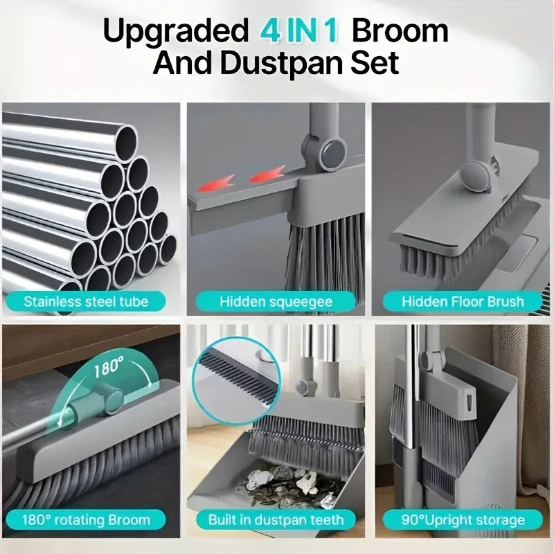 New 4 in 1 Broom Combo Set with Dustpan Squeegee Floor Brush Multi Purpose Cleaning Tool for Home and Commercial Use
